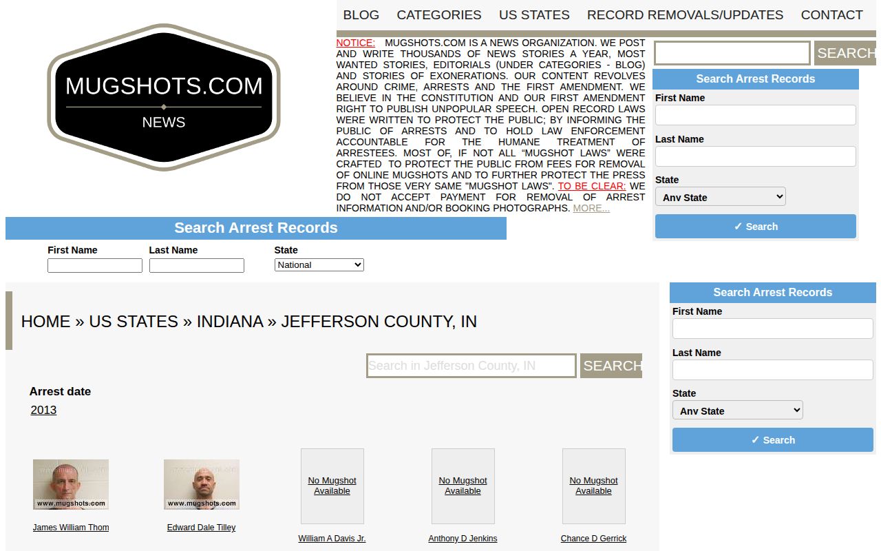 Stale unofficial Mugshots.com Jefferson County Indiana archive